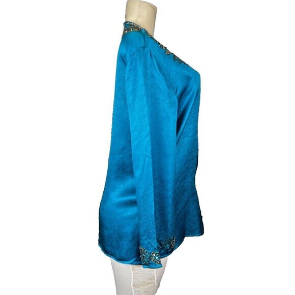 Itsu 14 Teal 100% Silk Textured Beaded Sequin Split Neck Long Bell Sleeve Top - Picture 3 of 6